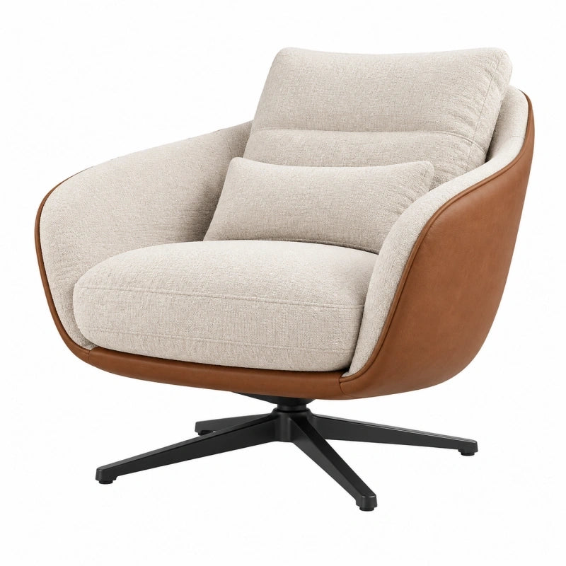 Fauteuil pivotant 88 x 85 x 90 cm en tissu beige et similicuir marron style contemporain