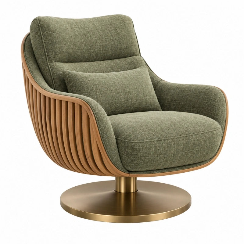 Fauteuil pivotant 82 x 85 x 93 cm en tissu vert et bois style contemporain