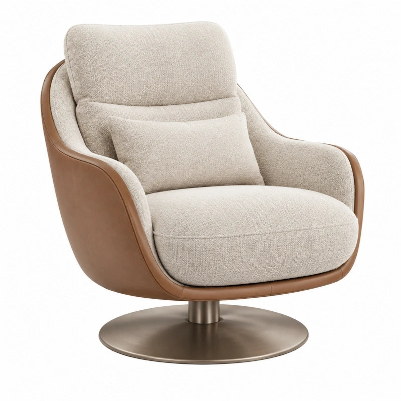 Fauteuil pivotant 90 x 88 x 95 cm en tissu beige et similicuir marron style contemporain