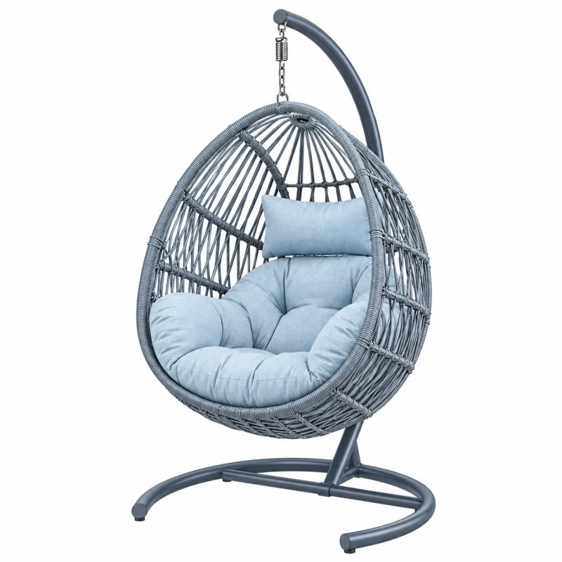 Fauteuil suspendu 105 x 105 x 195 cm en résine tressée grise avec structure en acier pour intérieur extérieur abrité