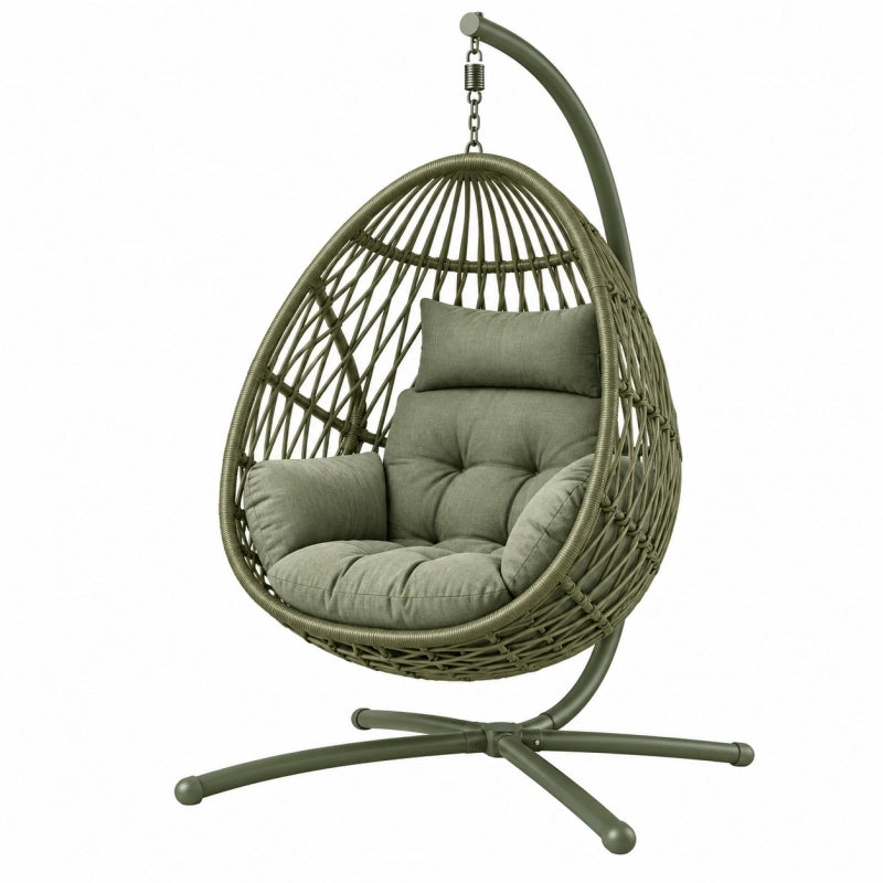 Fauteuil suspendu 100 x 100 x 195 cm en métal et résine tressée vert olive pour jardin style cocon