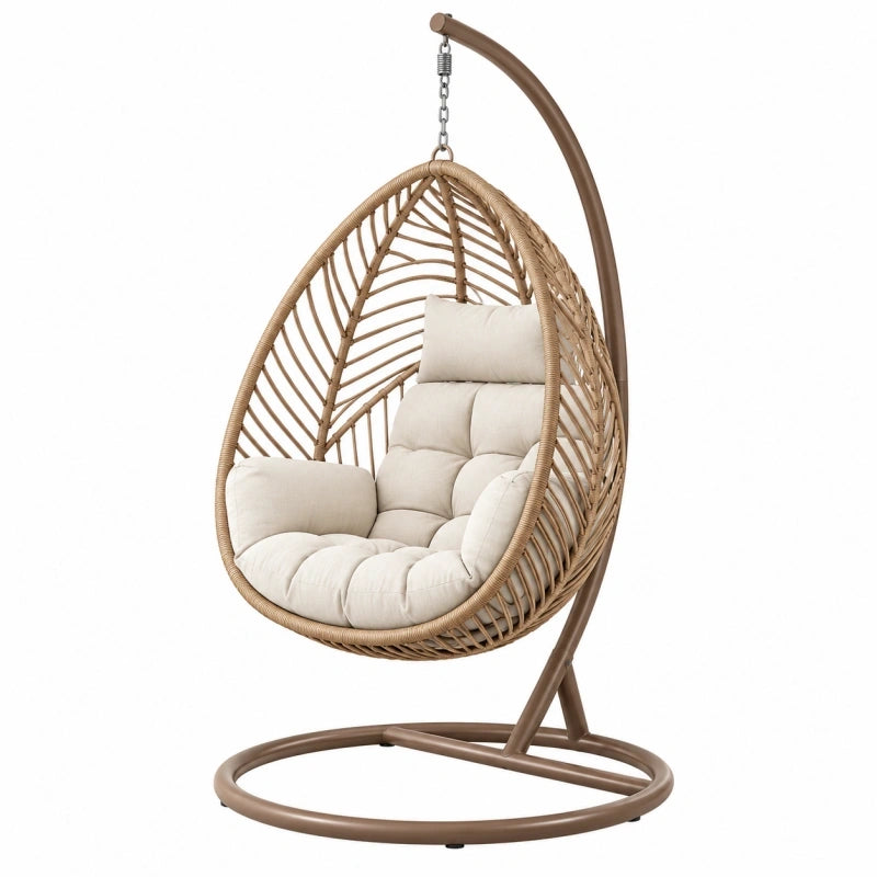 Fauteuil suspendu 105 x 105 x 195 cm en métal et résine tressée beige marron avec support