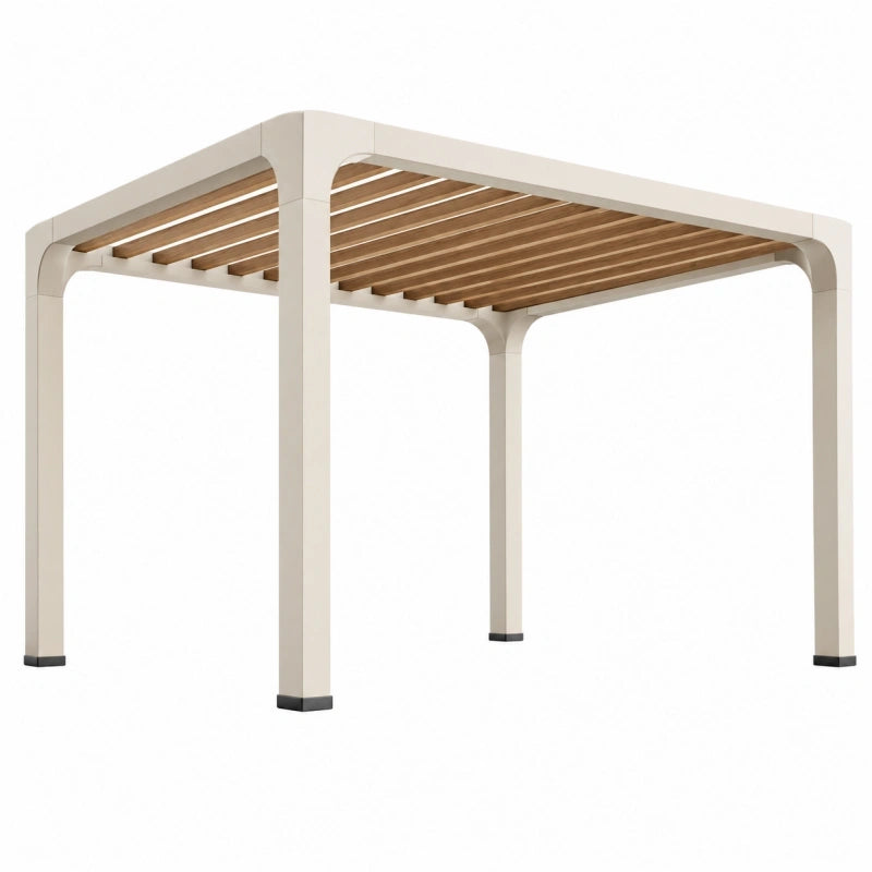 Pergola 300 x 300 cm aluminium beige et lames aspect bois pour terrasse