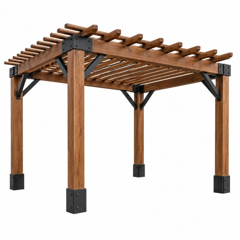 Pergola de jardin 300 x 300 x 230 cm en bois marron avec renforts en acier noir