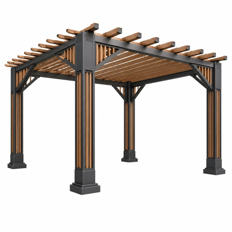 Pergola 300 x 300 cm en acier noir et bois structure ajourée extérieure
