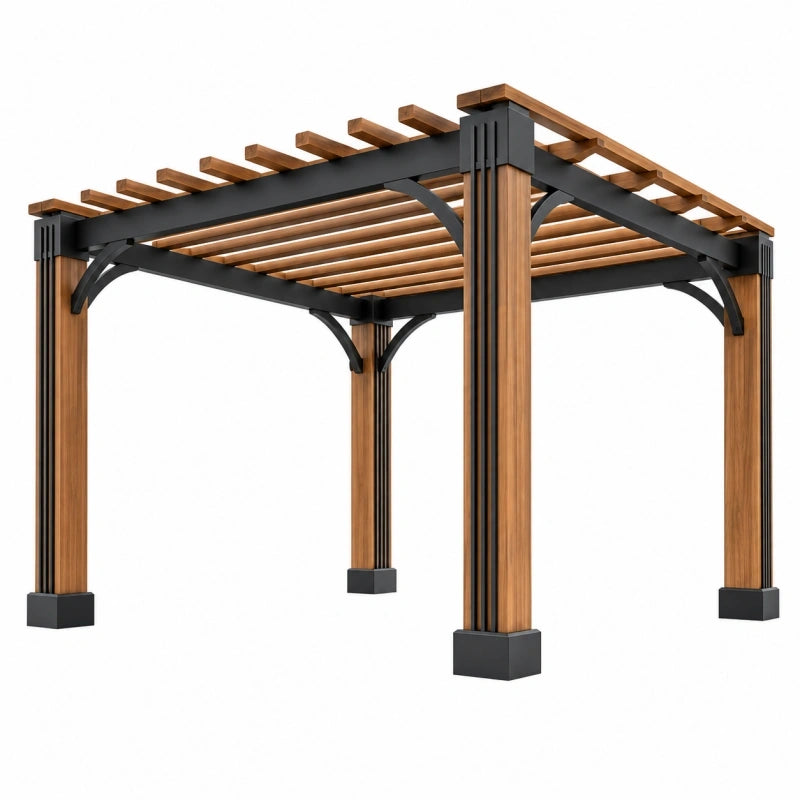 Pergola de jardin 300 x 300 x 250 cm en bois et acier marron noir à toit ajouré