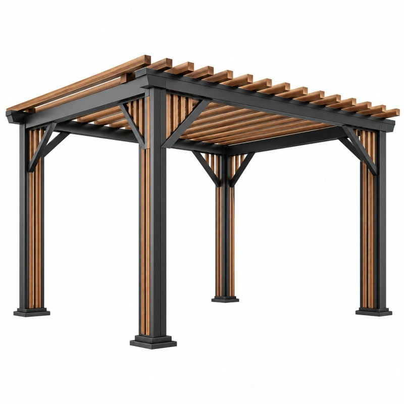Pergola 300 x 300 x 230 cm en aluminium noir et finition bois avec toit à lattes pour jardin