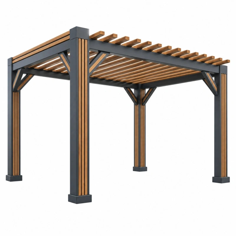 Pergola 300 x 300 x 240 cm en aluminium noir et bois marron à toit ajouré
