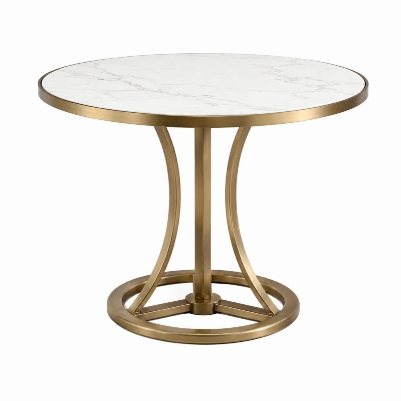 Table à manger ronde diamètre 100 cm plateau aspect marbre blanc métal doré style contemporain
