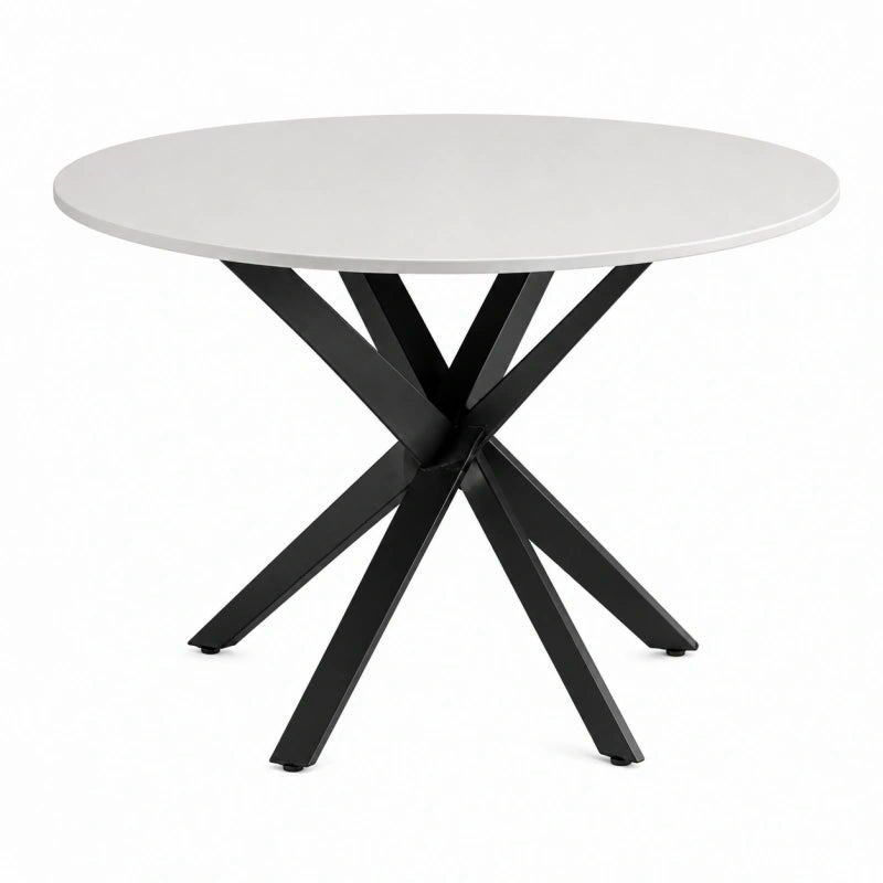 Table à manger ronde diamètre 120 cm plateau blanc pieds métal noir style industriel