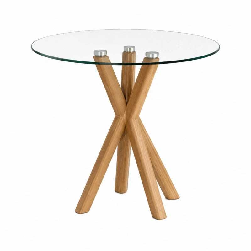 Table à manger ronde Ø100 cm en verre transparent et bois naturel style contemporain
