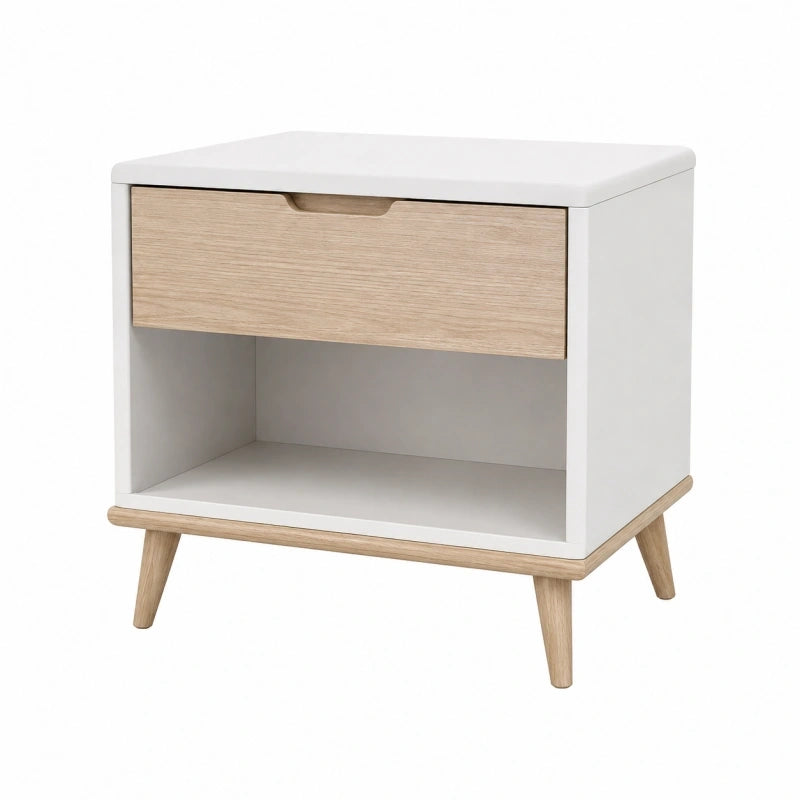 Table de chevet 50 x 40 x 60 cm en panneaux de bois blanche et bois clair avec tiroir style scandinave
