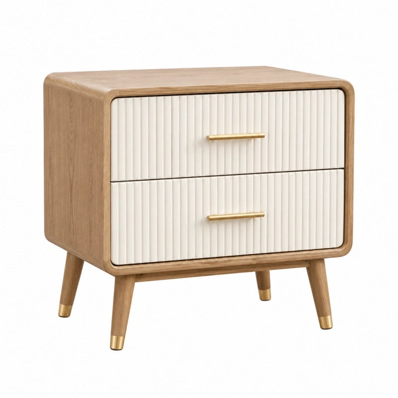 Table de chevet 55 x 40 x 60 cm en bois naturel et blanc avec 2 tiroirs style rétro