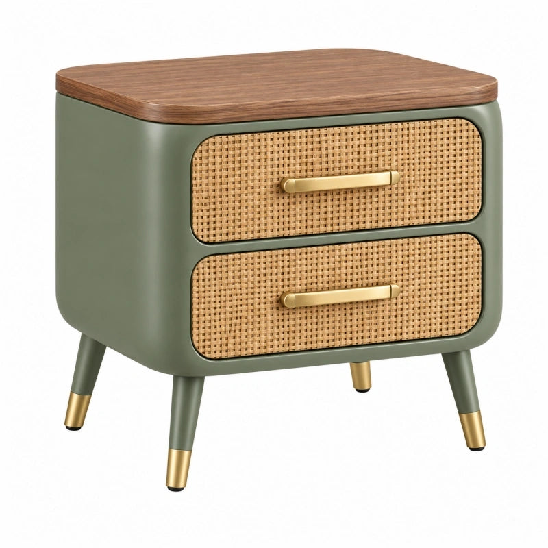 Table de chevet 50 x 40 x 55 cm verte en bois avec cannage - style rétro à 2 tiroirs