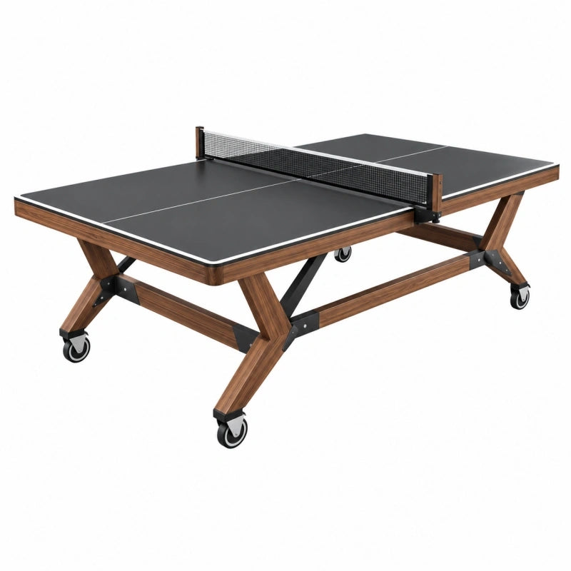 Table de tennis de table 274 x 152.5 cm noire et marron en bois et métal sur roulettes
