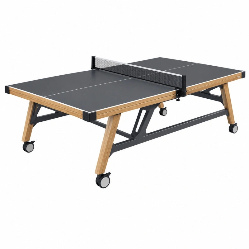 Table de tennis de table 274 x 152.5 x 76 cm noire et bois pliable à roulettes